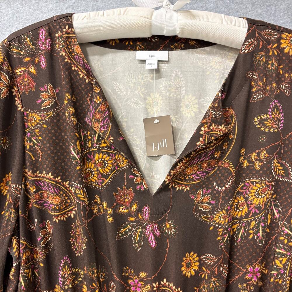 J.Jill Floral Paisley Smocked Swing Midi Dress LBrown Lenzing Ecovero Large NWT - Picture 3 of 14